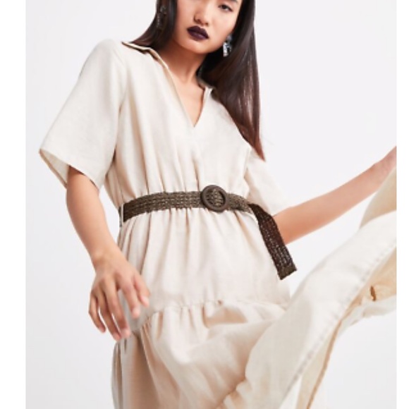 Zara Cotton Beige Belted Midi Tiered Dress - Picture 2 of 5